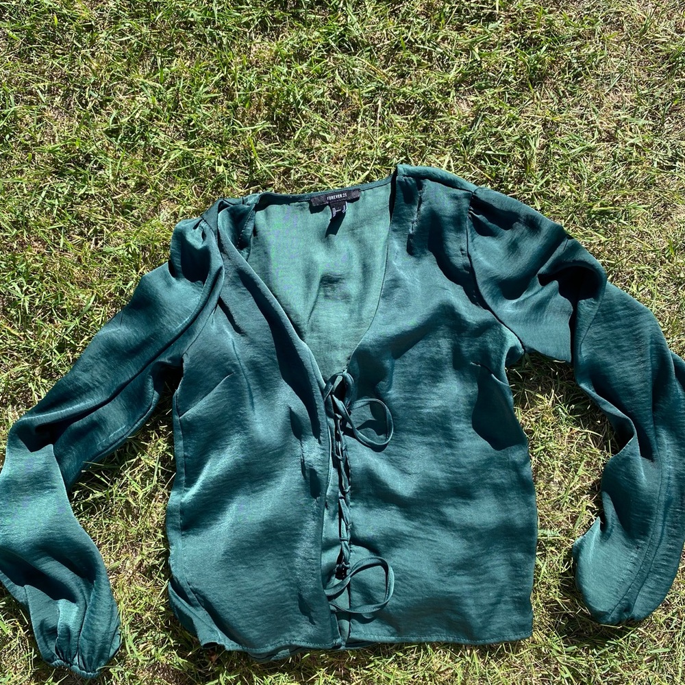 Forever 21 Teal Satin Tie-Front Blouse
